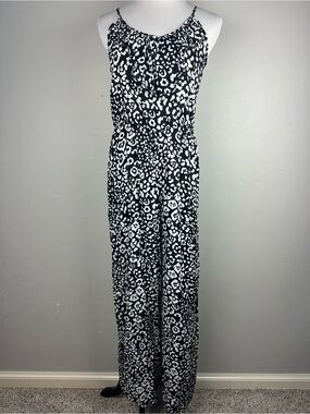 I.N. San Francisco Womens L Black White Animal Print Wide Leg Jumpsuit USA